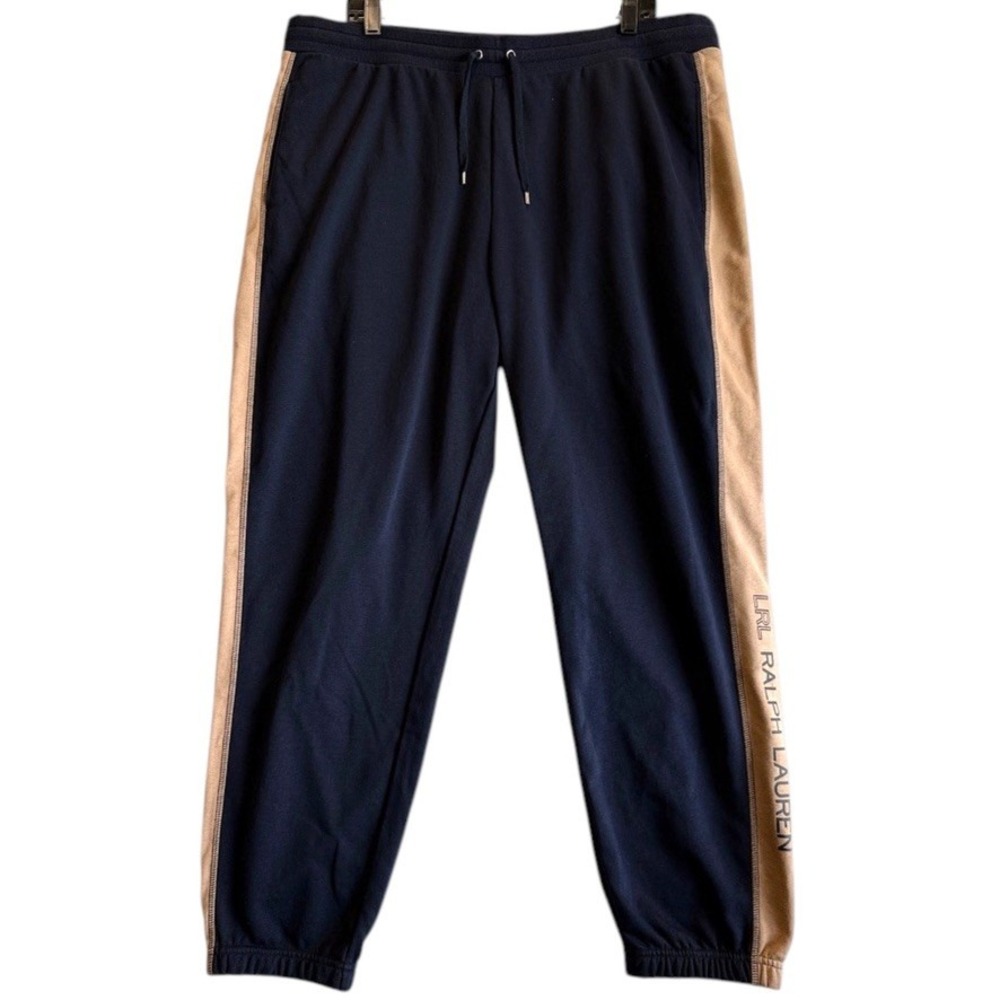 Lauren Ralph Lauren Joggers Women XXL Navy Tan Side Stripe Logo Sweatpants